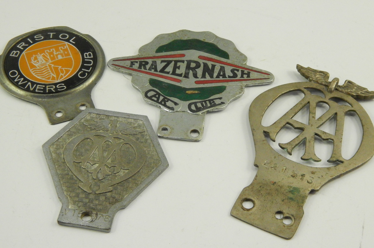 Four car bar badges, being Bristol Owners Club, Fraser Nash Car Club, and AA Telegrams No.221513,