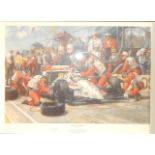 After Alan Fearnley.  A limited edition print depicting Nigel Mansell making a routine pit stop on