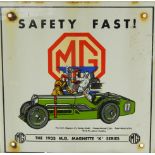 An MG "Safety Fast!" enamel sign, depicting the 1933 Magnette K series, 22cm square.