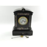 A Victorian marble and slate mantel clock, of architectural form, enamel dial bearing Roman