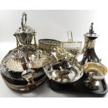 A quantity of Victorian and later plated wares, including a cruet stand, oval galleried tray, triple