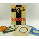 Redex Service aluminium sign, modern Bugatti sign, and other items.