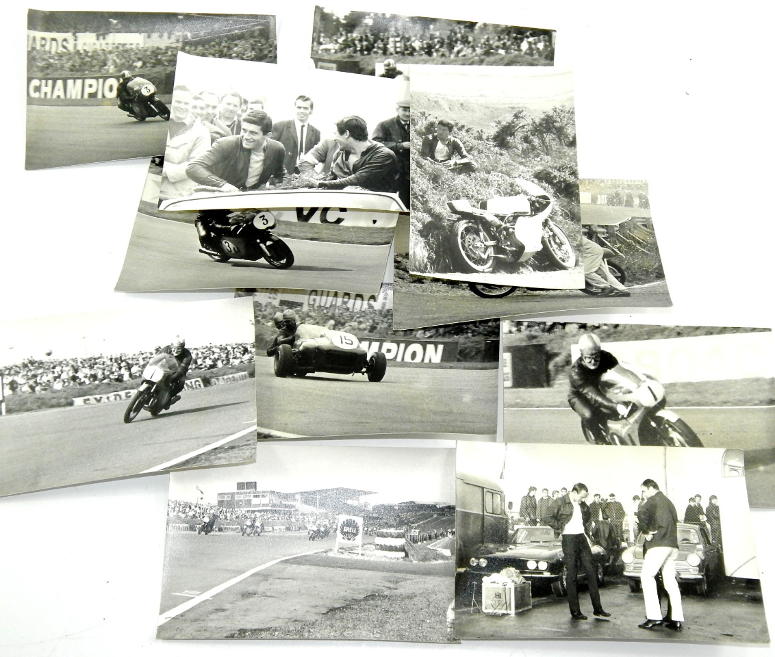 Black and white photographs from the 1960's of motor cycle racing.