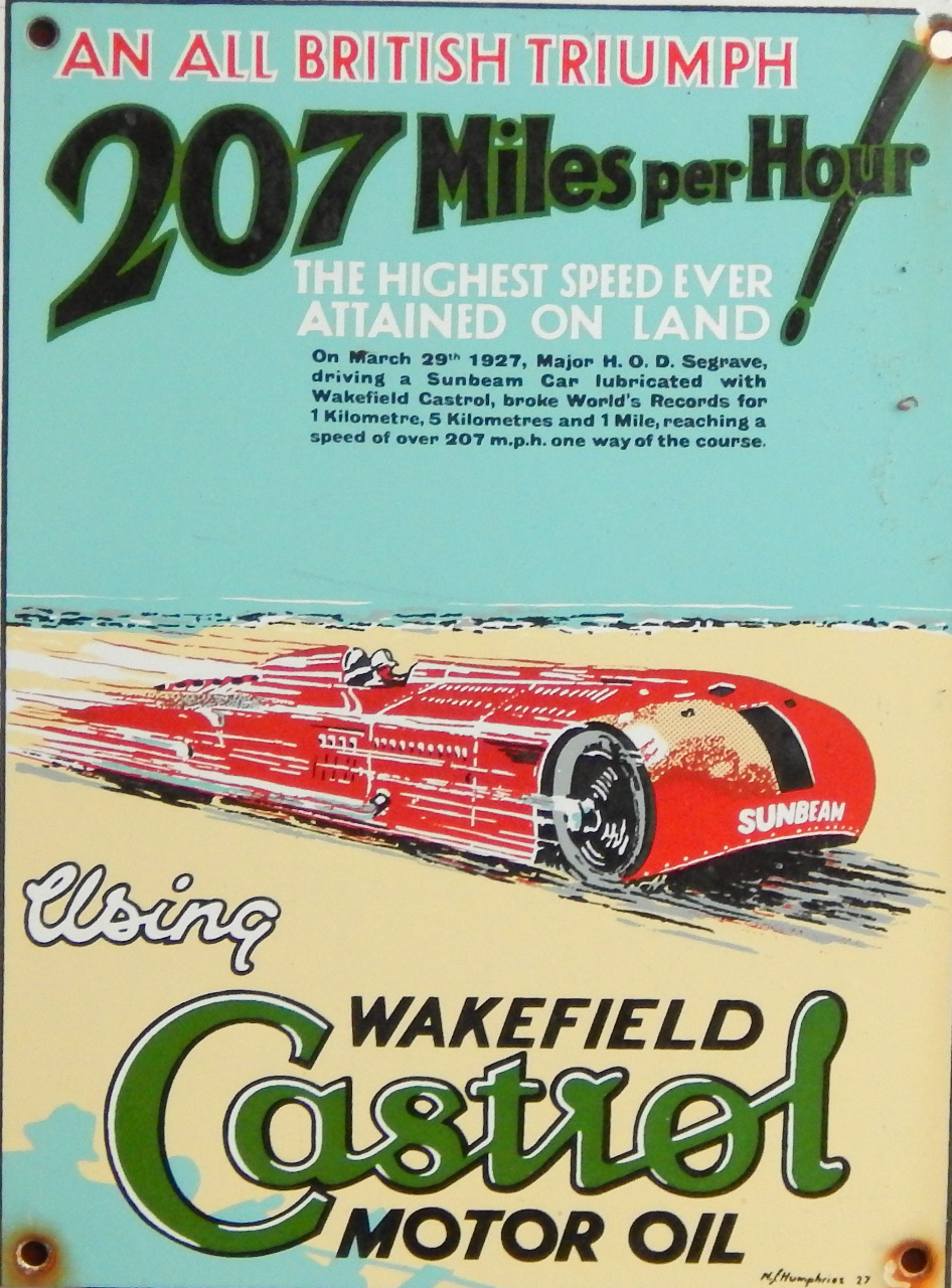 A Castrol Wakefield Motor Oil enamel sign, depicting the 207mph land speed record, 25cm x 19cm.