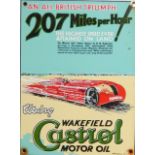 A Castrol Wakefield Motor Oil enamel sign, depicting the 207mph land speed record, 25cm x 19cm.