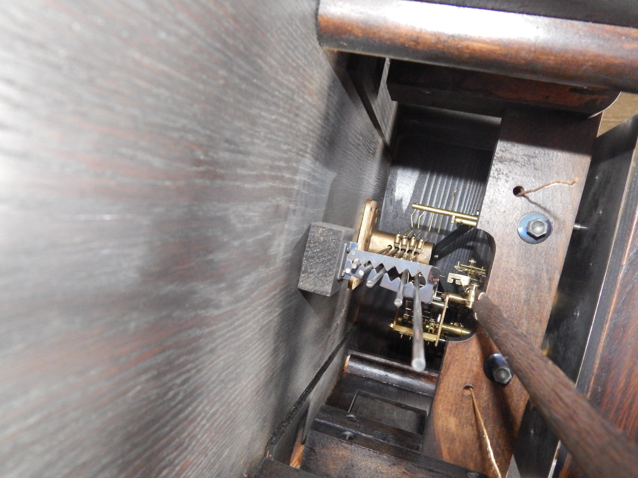 An oak longcase clock, early 20thC, the square brass dial with floral spandrels, chapter ring - Image 2 of 2