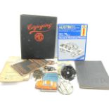 Mixed automobilia, including MG magazine, Lister engines instruction book, AA road book, car dash,