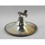 A Victorian silver lid with a prancing horse finial, fluted edging, Josiah Williams & Co, London