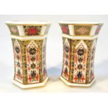 A pair of Royal Crown Derby Imari pattern vases, no. 1128, each of hexagonal outline, printed