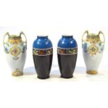 A pair of 20thC H & S L oriental vases, each circular shouldered body partially decorated with