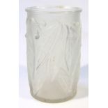 A 20thC French frosted glass vase, signed R LALIQUE, the cylindrical body with moulded lip raised