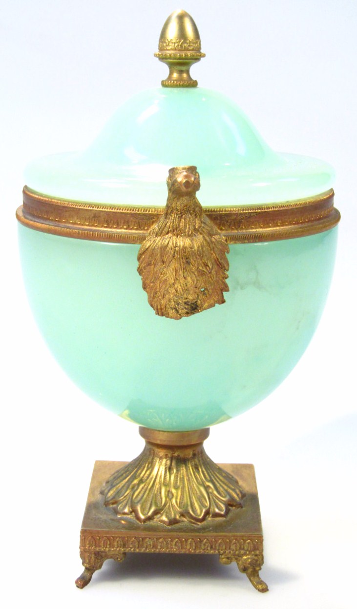 A 20thC Grecian design glass and gilt metal vase, the domed lid with an acorn finial above egg - Image 2 of 2