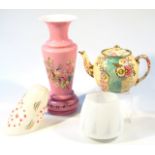Various glassware, comprising a late Victorian pink glass vase, hand painted with flowers, 32cm