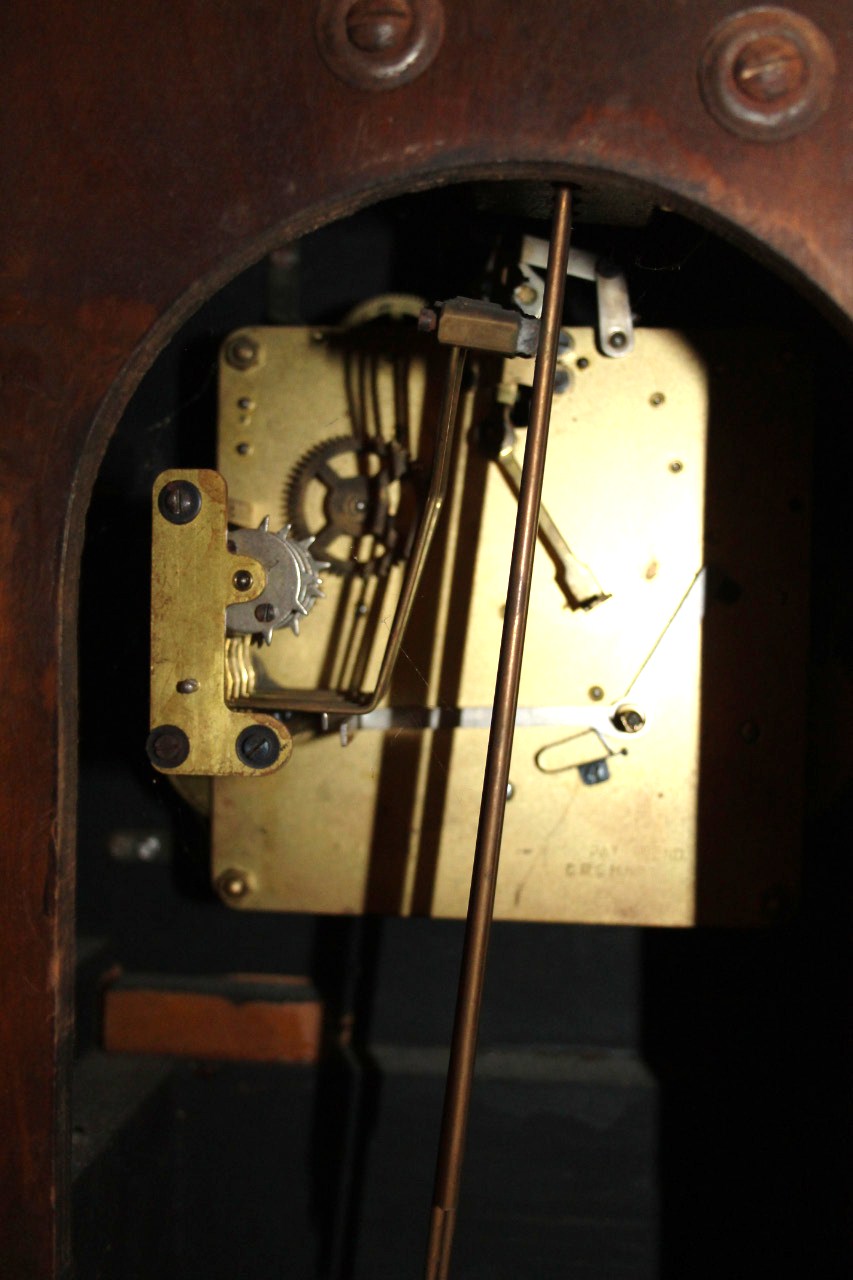 A 1930's walnut veneered granddaughter clock, the 17cm square Arabic dial in a shaped case, - Image 2 of 2