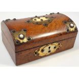 A late 19thC walnut jewellery casket, with gilt metal inlay set with orbs, the dome topped lid