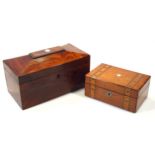 An early 19thC rosewood tea caddy, the sarcophagus shaped lid centred by a diamond escutcheon,