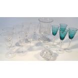 Various glassware, to include green flash glass and etched drinking glasses with bell shaped bowls