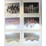 After Sharp & Dohme historic chess sets, prints, 30cm x 39cm. (6)