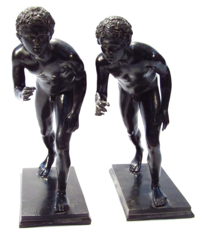 A pair of spelter figure groups of Grecian athletes, on plain rectangular bases, unmarked, 24cm - Image 3 of 3