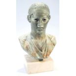 A classical design torso bust, of a gentleman with head facing forward, on a plain square marble