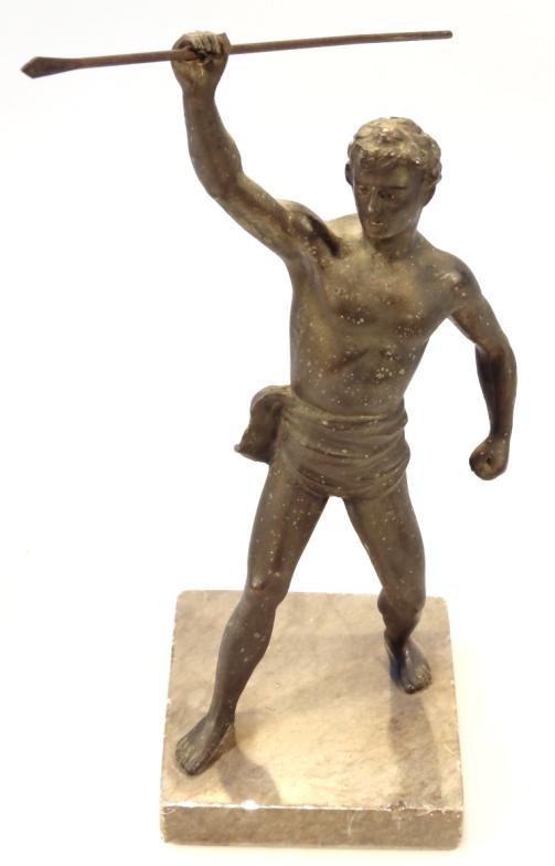 A pair of 20thC spelter and marble finish figures, of classical athletes wearing loincloths and - Image 2 of 4