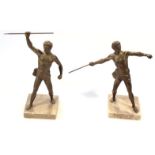 A pair of 20thC spelter and marble finish figures, of classical athletes wearing loincloths and