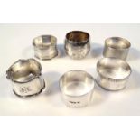 Various napkin rings, to include an engine turned example entitled MAM, 5cm dia. various others, 5oz