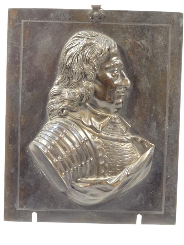 A 20thC relief metal plaque, probably Oliver Cromwell, quarter profile, on a plain rectangular
