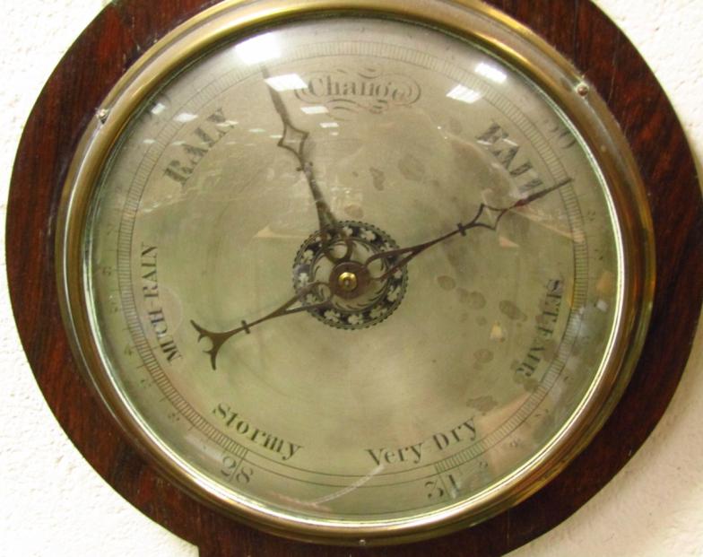 A mid-19thC rosewood five dial banjo barometer, the central 24cm dia. dial in a shaped case, with - Image 2 of 5