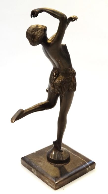 A 20thC Art Deco design bronzed marble finish figure, of a lady semi-clad in dancing pose with arm - Image 2 of 2