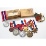 Various medals, to include WWII 1939-1945 and France and Germany stars, ribbons, box, two dog