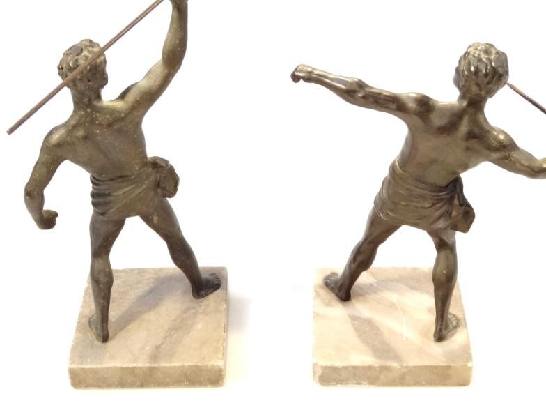 A pair of 20thC spelter and marble finish figures, of classical athletes wearing loincloths and - Image 4 of 4