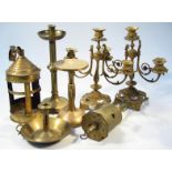 Various brassware, to include a 19thC candlestick, on a circular dished base with a cylindrical