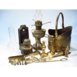 Various brass ware, metal ware, etc., to include a wall lamp, table lamp, coal helmet, 41cm high,