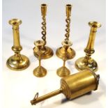 Various brassware, comprising three pairs of candlesticks to include one set with collared dish