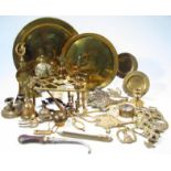 Various brassware, to include a late 19thC Eastern tray decorated with a geometric outer floral