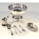 Various silver plate, comprising a coffee bean grinder of inverted bell shaped form with articulated