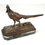Henri E A Trodoux (1890-1968), bronze sculpture, of a pheasant, signed and mounted on a marble base,