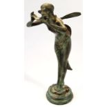 A 20thC bronze finish figure, of a winged water nymph, in standing pose semi-clad on an inverted