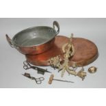 Various metal ware, to include a late 19thC two-handled copper bowl, with iron handles, 38cm wide, a