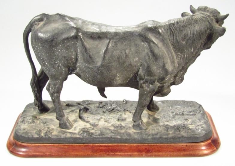 A hollow bronze finish statue, of a Charolais bull, bearing date for 1844, indistinctly signed on - Image 2 of 3
