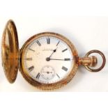 A gentleman's Waltham Mass gold plated hunter pocket watch, the 4.5cm dia. dial with Roman