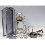 Various metal ware, to include an early 20thC brass two tier trivet, each circular dish holder of