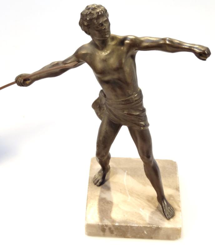 A pair of 20thC spelter and marble finish figures, of classical athletes wearing loincloths and - Image 3 of 4