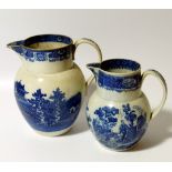 An early 19thC pearlware blue and white jug, transfer printed and decorated with Oriental trees,