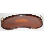 A Sheraton revival mahogany serving tray, of kidney shape, with satinwood inlaid shell, 60cm wide.