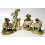 Various porcelain, comprising a pair of Derby style crumb coated lamb spill vases, probably Sampson,