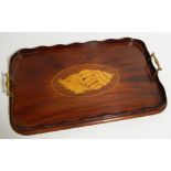 A 19thC mahogany rectangular tray, with shell inlay, 50cm x 30cm.