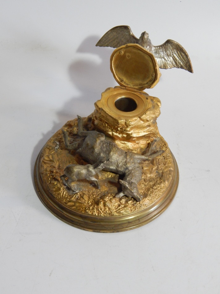 A 19thC French silvered and gilt bronze inkstand, in the form of an eagle on a rocky mound - Image 2 of 2