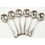 A set of six Edward VII/George V silver Old English pattern soup spoons, initial engraved, four
